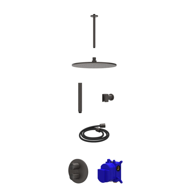 Regendoucheset inbouwthermostaatkraan met 2-weg stop-omstel, plafondbuis 30cm, R30cmME, houder met uitlaat, doucheslang 150cm en staafmodel