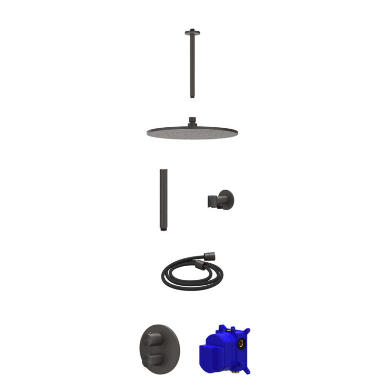 Regendoucheset inbouwthermostaatkraan met 2-weg stop-omstel, plafondbuis 30cm, R30cmME, glijstang met uitlaat, doucheslang 150cm en staafmodel