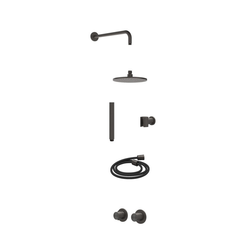 Excl. inbouwbox regendoucheset inbouwthermostaatkraan met 2-weg stop-omstel symmetry, 40cm wandarm, R20cmME, houder met uitlaat, doucheslang 150cm en staafmodel