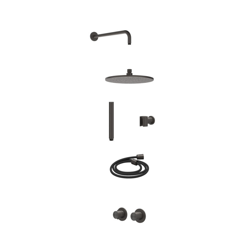 Excl. inbouwbox regendoucheset inbouwthermostaatkraan met 2-weg stop-omstel symmetry, 40cm wandarm, R25cmME, houder met uitlaat, doucheslang 150cm en staafmodel