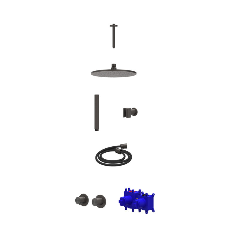 Regendoucheset inbouwthermostaatkraan met 2-weg stop-omstel symmetry, plafondbuis 20cm, R25cmME, houder met uitlaat, doucheslang 150cm en staafmodel