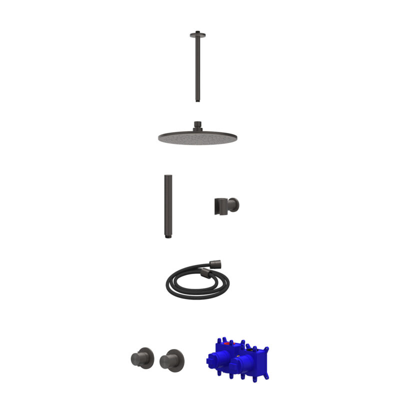 Regendoucheset inbouwthermostaatkraan met 2-weg stop-omstel symmetry, plafondbuis 30cm, R25cmME, houder met uitlaat, douchesl