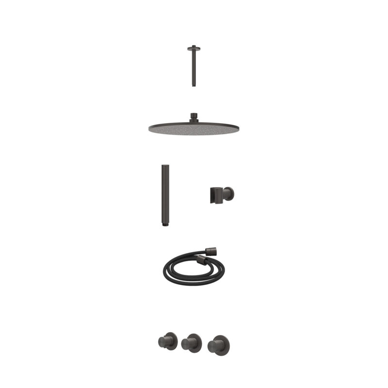 Excl. inbouwbox regendoucheset inbouwthermostaatkraan met 2 vaste stopkranen symmetry, plafondbuis 20cm, R30cmME, houder met uitlaat, doucheslang 150cm en staafmodel