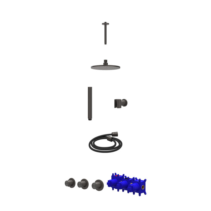 Regendoucheset inbouwthermostaatkraan met 2 vaste stopkranen symmetry, plafondbuis 20cm, R20cmME, houder met uitlaat, doucheslang 150cm en staafmodel