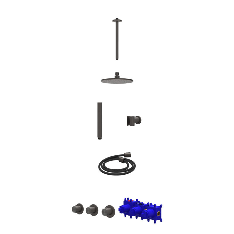 Regendoucheset inbouwthermostaatkraan met 2 vaste stopkranen symmetry, plafondbuis 30cm, R20cmME, houder met uitlaat, doucheslang 150cm en staafmodel
