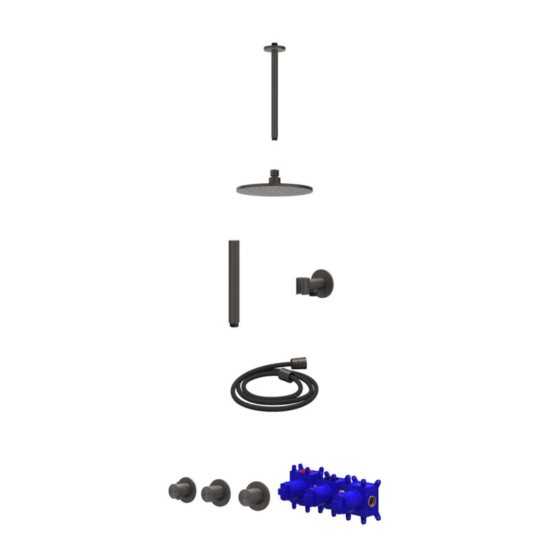Regendoucheset inbouwthermostaatkraan met 2 vaste stopkranen symmetry, plafondbuis 30cm, R20cmME, glijstang met uitlaat, doucheslang 150cm en staafmodel