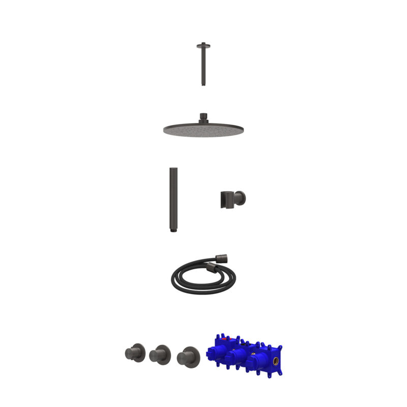 Winkelwagen 34 Regendoucheset inbouwthermostaatkraan met 2 vaste stopkranen symmetry, plafondbuis 20cm, R25cmME, houder met uitlaat, doucheslang 150cm en staafmodel