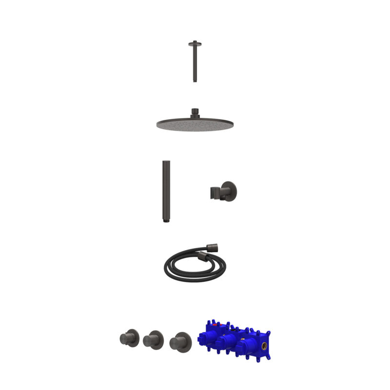 Winkelwagen 56 Regendoucheset inbouwthermostaatkraan met 2 vaste stopkranen symmetry, plafondbuis 20cm, R25cmME, glijstang met uitlaat, doucheslang 150cm en staafmodel