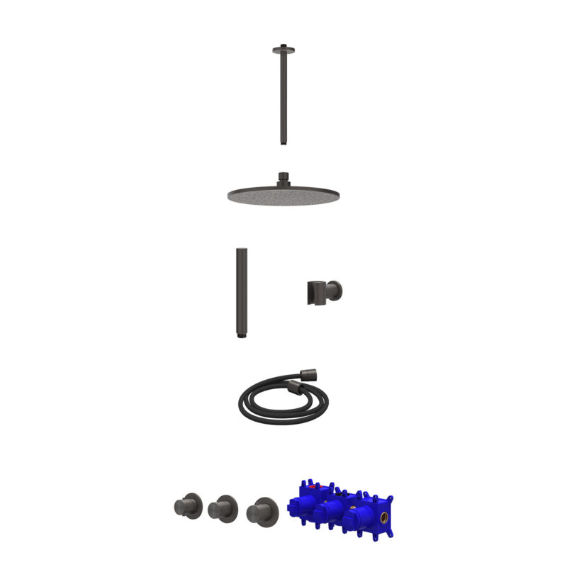 Regendoucheset inbouwthermostaatkraan met 2 vaste stopkranen symmetry, plafondbuis 30cm, R25cmME, houder met uitlaat, doucheslang 150cm en staafmodel