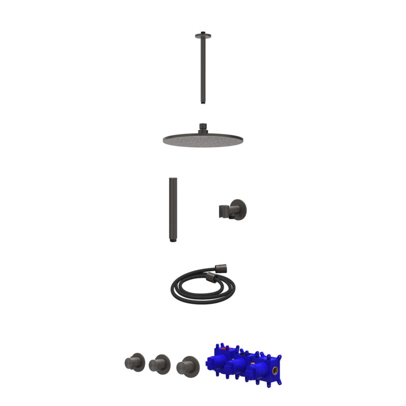 Regendoucheset inbouwthermostaatkraan met 2 vaste stopkranen symmetry, plafondbuis 30cm, R25cmME, glijstang met uitlaat, doucheslang 150cm en staafmodel