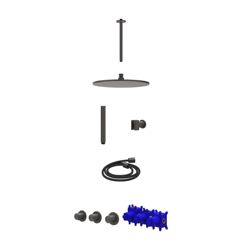 Winkelwagen 3 Regendoucheset inbouwthermostaatkraan met 2 vaste stopkranen symmetry, plafondbuis 30cm, R30cmME, houder met uitlaat, doucheslang 150cm en staafmodel