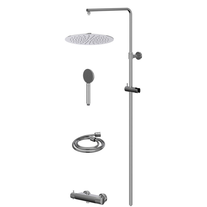 Winkelwagen 41 Regendoucheset thermostatisch opbouw set R30cmSL en satin spray handdouche