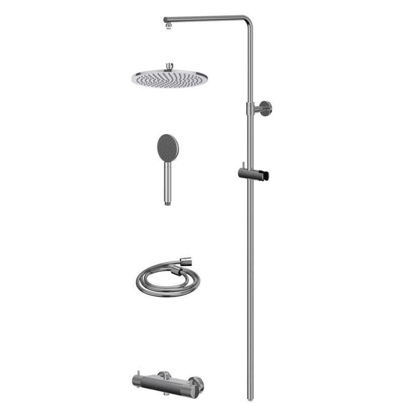 Winkelwagen 5 Regendoucheset thermostatisch opbouw set R25cmME en satin spray handdouche BlokWoonWereld IVY Collectie