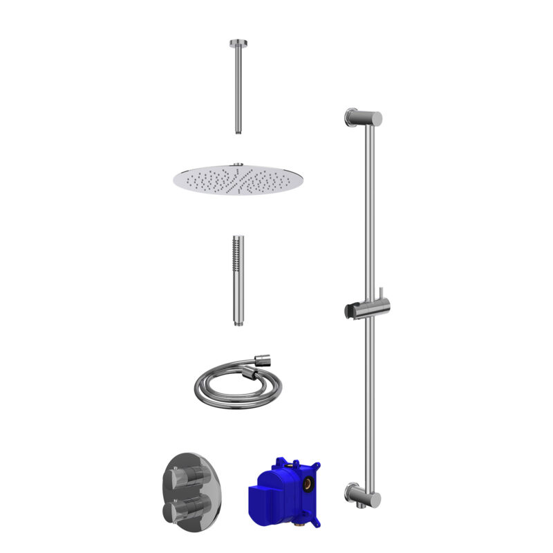 Regendoucheset inbouwthermostaatkraan met 2-weg stop-omstel, plafondbuis 30cm, R30cmSL, glijstang met uitlaat, doucheslang 15
