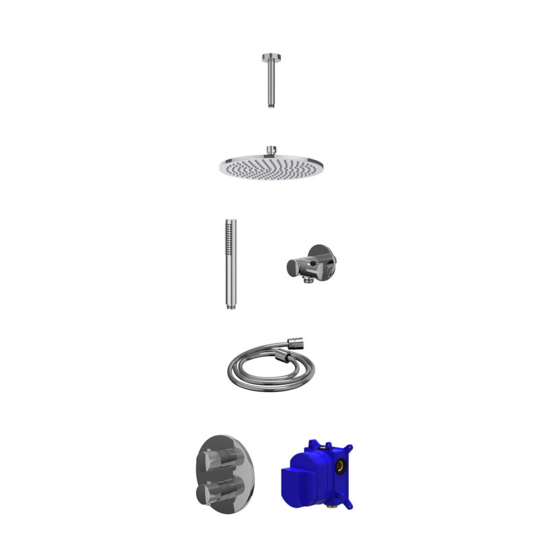 Regendoucheset inbouwthermostaatkraan met 2-weg stop-omstel, plafondbuis 15cm, R25cmME, verstelbare steun met geïnt. uitlaat, doucheslang 150cm en staafmodel