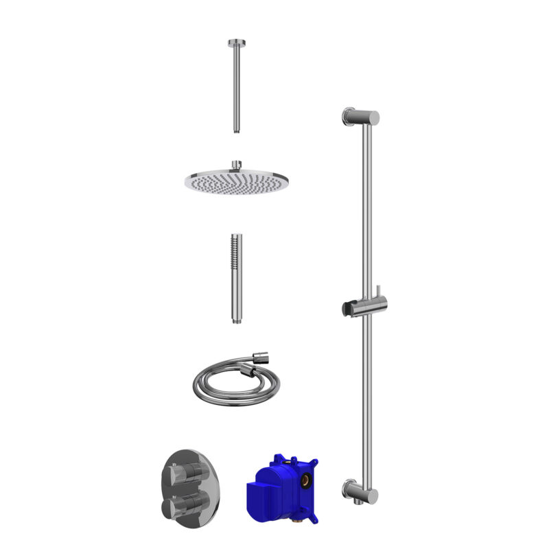 Regendoucheset inbouwthermostaatkraan met 2-weg stop-omstel, plafondbuis 30cm, R25cmME, glijstang met uitlaat, doucheslang 15