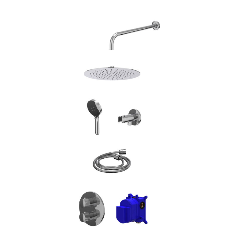 Winkelwagen 48 Regendoucheset inbouwthermostaatkraan met 2-weg stop-omstel, wandarm, R30cmSL, houder met uitlaat, doucheslang 150cm en 3-standen handdouche