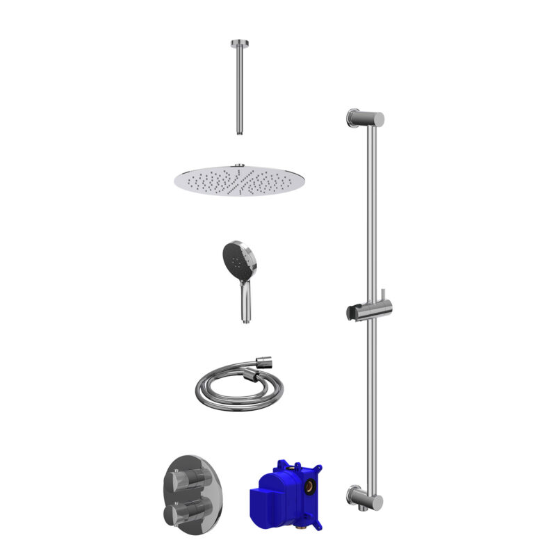 Winkelwagen 5 Regendoucheset inbouwthermostaatkraan met 2-weg stop-omstel, plafondbuis 30cm, R30cmSL, glijstang met uitlaat, doucheslang 150cm en 3-standen handdouche