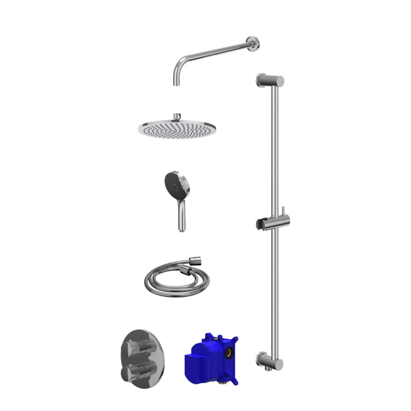 Winkelwagen 7 Regendoucheset inbouwthermostaatkraan met 2-weg stop-omstel, wandarm, R25cmME, glijstang met uitlaat, doucheslang 150cm en 3-standen handdouche