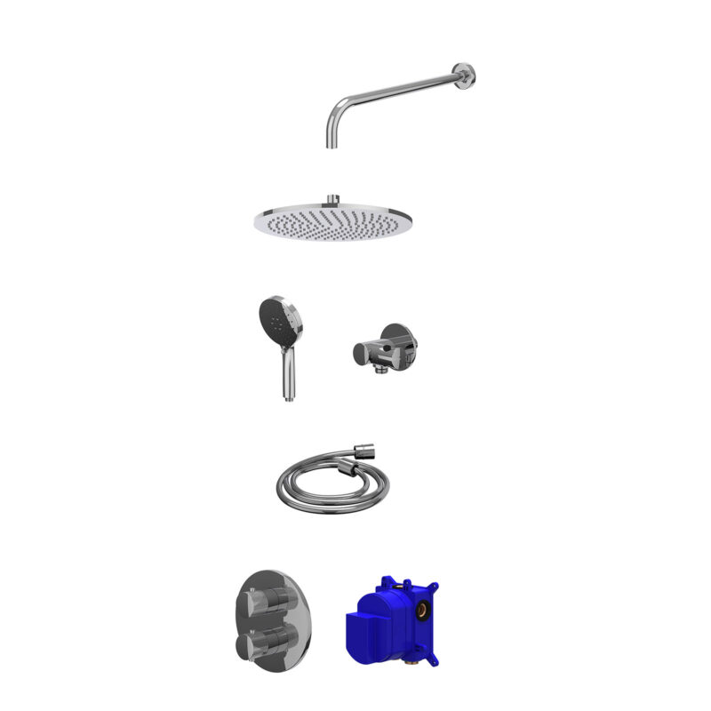 Regendoucheset inbouwthermostaatkraan met 2-weg stop-omstel, wandarm, R30cmME, verstelbare steun met geïnt. uitlaat, doucheslang 150cm en 3-standen handdouche