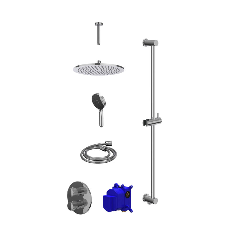 Winkelwagen 50 Regendoucheset inbouwthermostaatkraan met 2-weg stop-omstel, plafondbuis 15cm, R30cmME, glijstang met uitlaat, doucheslang 150cm en 3-standen handdouche