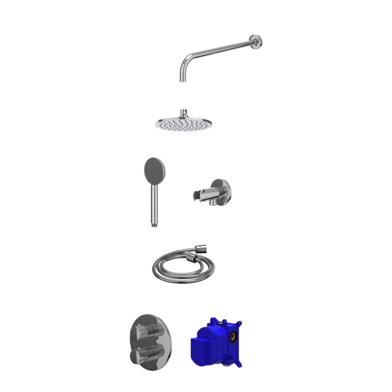 Regendoucheset inbouwthermostaatkraan met 2-weg stop-omstel, wandarm, R20cmME, houder met uitlaat, doucheslang 150cm en satin