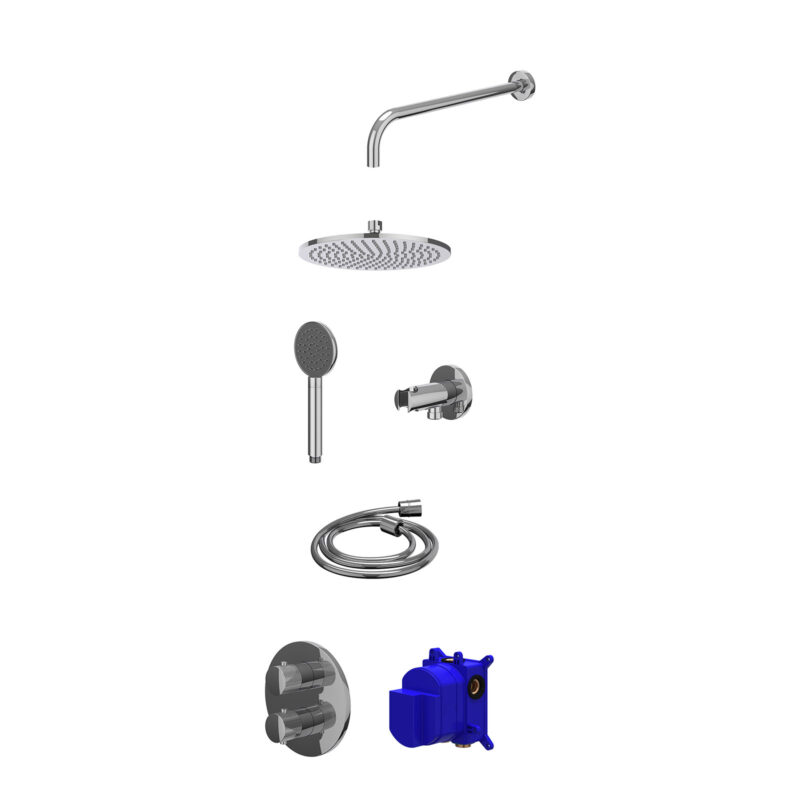 Winkelwagen 14 Regendoucheset inbouwthermostaatkraan met 2-weg stop-omstel, wandarm, R25cmME, houder met uitlaat, doucheslang 150cm en satin spray handdouche