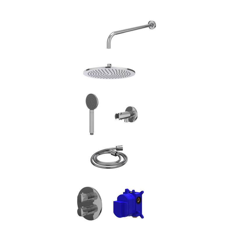 Winkelwagen 20 Regendoucheset inbouwthermostaatkraan met 2-weg stop-omstel, wandarm, R30cmME, houder met uitlaat, doucheslang 150cm en satin