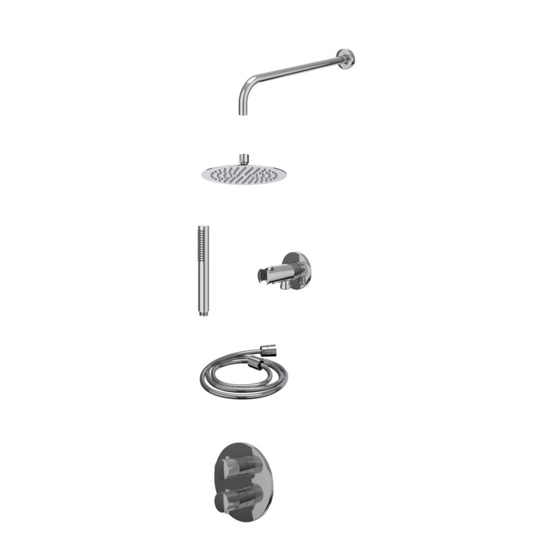 Excl. inbouwbox regendoucheset inbouwthermostaatkraan met 2-weg stop-omstel, wandarm, R20cmSL, houder met uitlaat, doucheslang 150cm en staafmodel