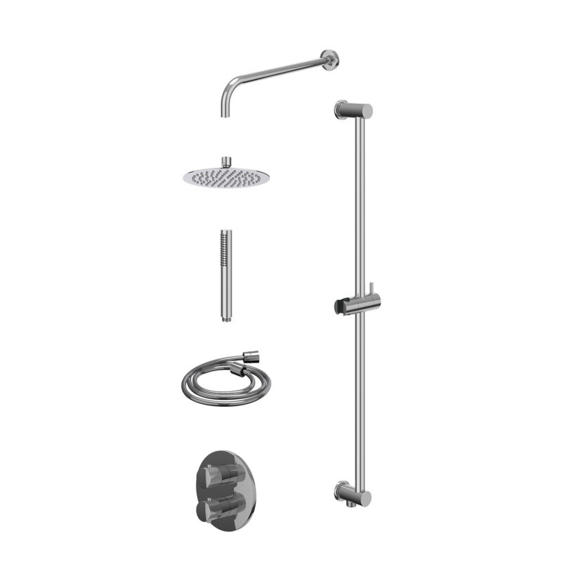 Excl. inbouwbox regendoucheset inbouwthermostaatkraan met 2-weg stop-omstel, wandarm, R20cmSL, glijstang met uitlaat, doucheslang 150cm en staafmodel