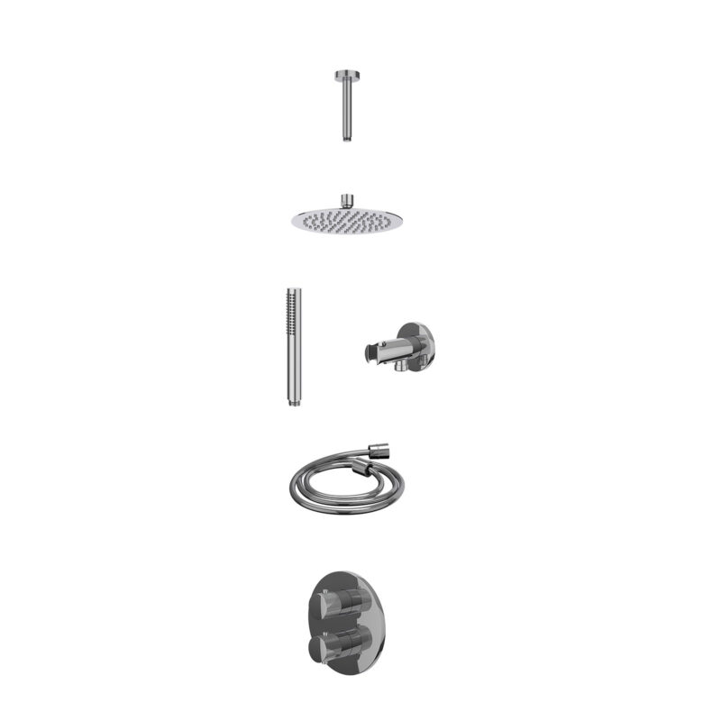 Excl. inbouwbox regendoucheset inbouwthermostaatkraan met 2-weg stop-omstel, plafondbuis 15cm, R20cmSL, houder met uitlaat, doucheslang 150cm en staafmodel