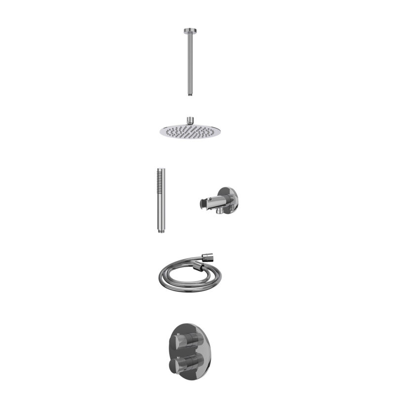 Excl. inbouwbox regendoucheset inbouwthermostaatkraan met 2-weg stop-omstel, plafondbuis 30cm, R20cmSL, houder met uitlaat, doucheslang 150cm en staafmodel