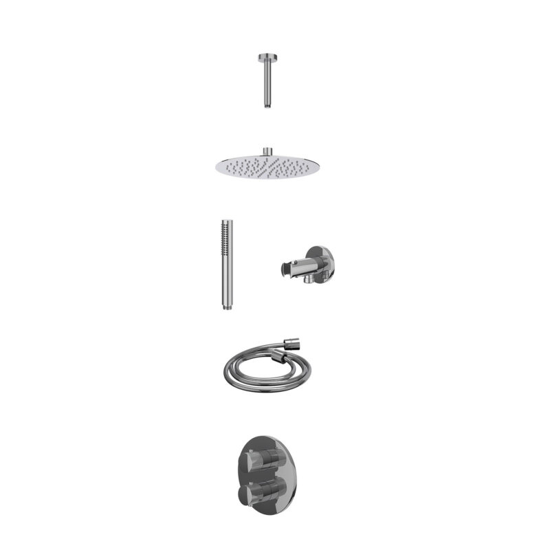 Excl. inbouwbox regendoucheset inbouwthermostaatkraan met 2-weg stop-omstel, plafondbuis 15cm, R25cmSL, houder met uitlaat, doucheslang 150cm en staafmodel