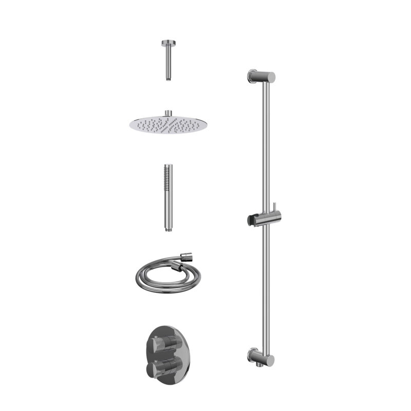 Excl. inbouwbox regendoucheset inbouwthermostaatkraan met 2-weg stop-omstel, plafondbuis 15cm, R25cmSL, glijstang met uitlaat, doucheslang 150cm en staafmodel