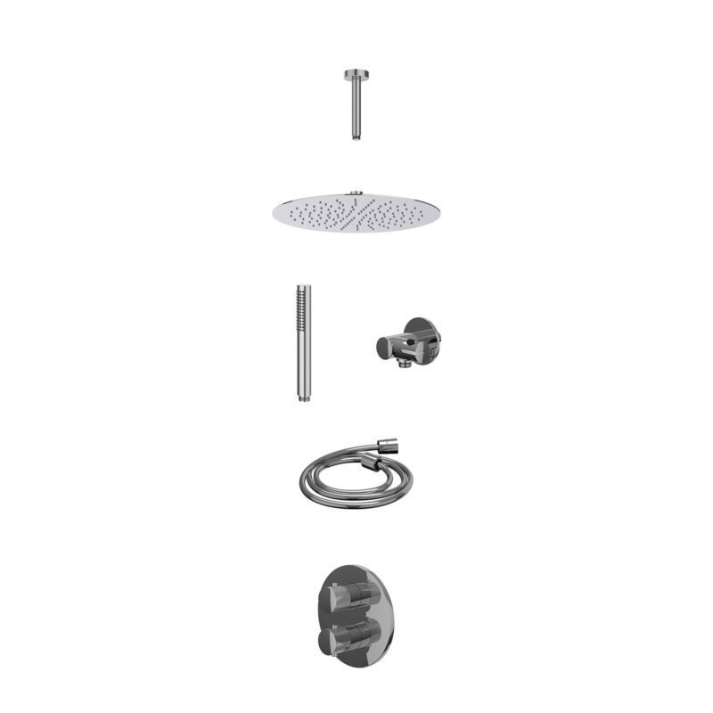 Excl. inbouwbox regendoucheset inbouwthermostaatkraan met 2-weg stop-omstel, plafondbuis 15cm, R30cmSL, verstelbare steun met geïnt. uitlaat, doucheslang 150cm en staafmodel