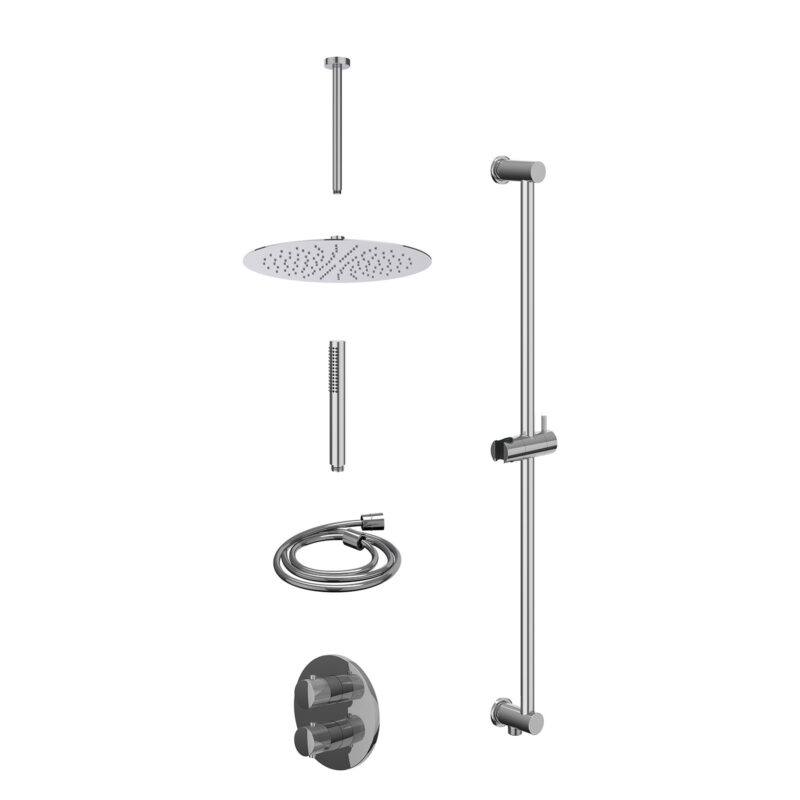 Excl. inbouwbox regendoucheset inbouwthermostaatkraan met 2-weg stop-omstel, plafondbuis 30cm, R30cmSL, glijstang met uitlaat, doucheslang 150cm en staafmodel