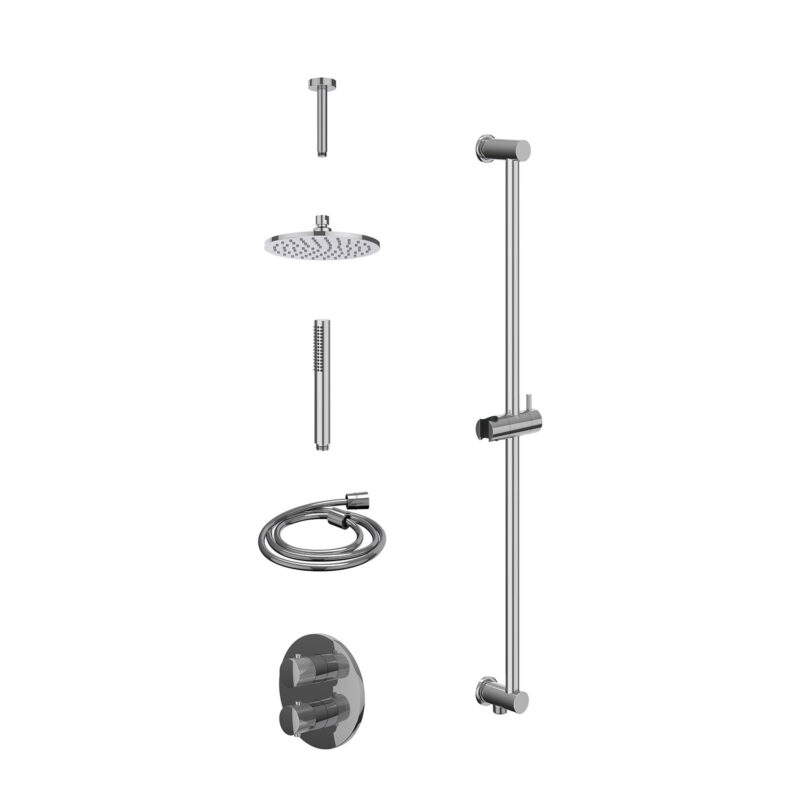 Excl. inbouwbox regendoucheset inbouwthermostaatkraan met 2-weg stop-omstel, plafondbuis 15cm, R20cmME, glijstang met uitlaat, doucheslang 150cm en staafmodel