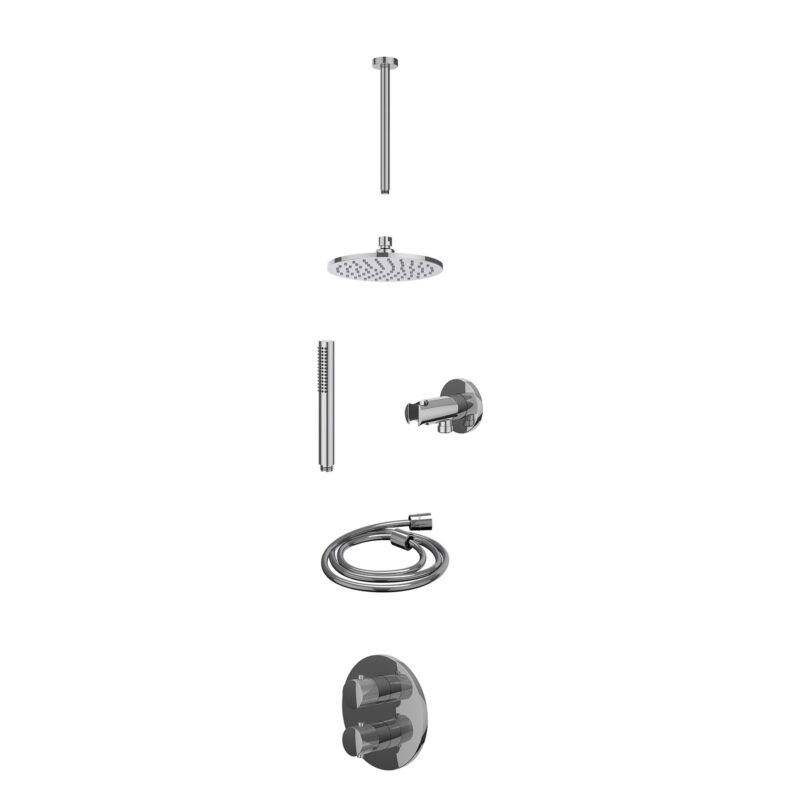 Excl. inbouwbox regendoucheset inbouwthermostaatkraan met 2-weg stop-omstel, plafondbuis 30cm, R20cmME, houder met uitlaat, doucheslang 150cm en staafmodel