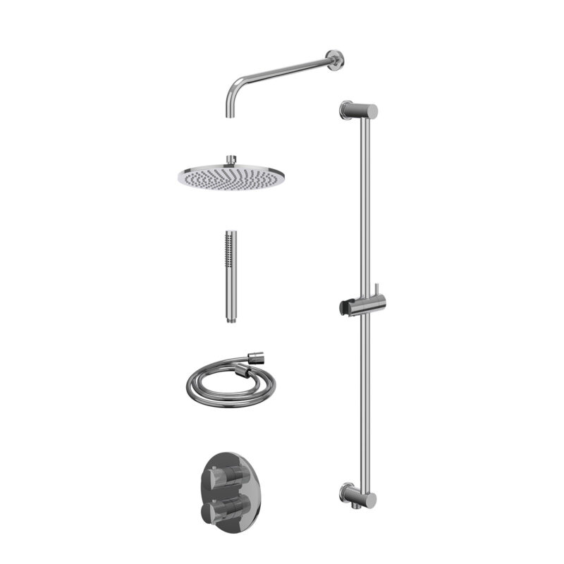 Excl. inbouwbox regendoucheset inbouwthermostaatkraan met 2-weg stop-omstel, wandarm, R25cmME, glijstang met uitlaat, doucheslang 150cm en staafmodel