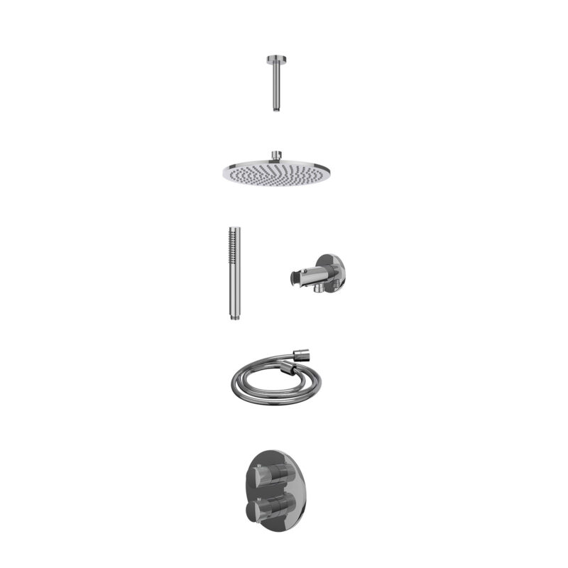 Excl. inbouwbox regendoucheset inbouwthermostaatkraan met 2-weg stop-omstel, plafondbuis 15cm, R25cmME, houder met uitlaat, doucheslang 150cm en staafmodel