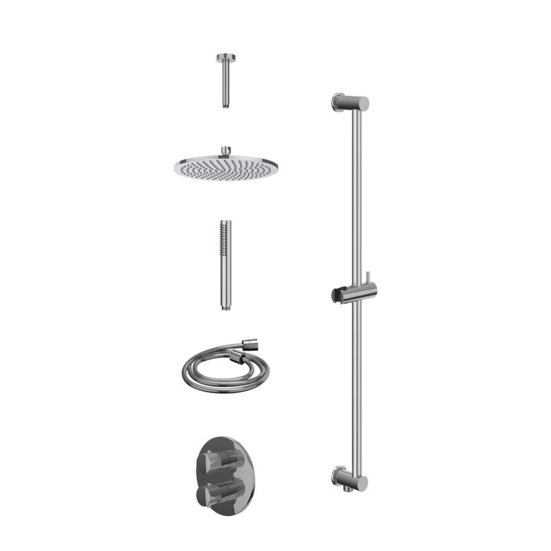 Excl. inbouwbox regendoucheset inbouwthermostaatkraan met 2-weg stop-omstel, plafondbuis 15cm, R25cmME, glijstang met uitlaat, doucheslang 150cm en staafmodel