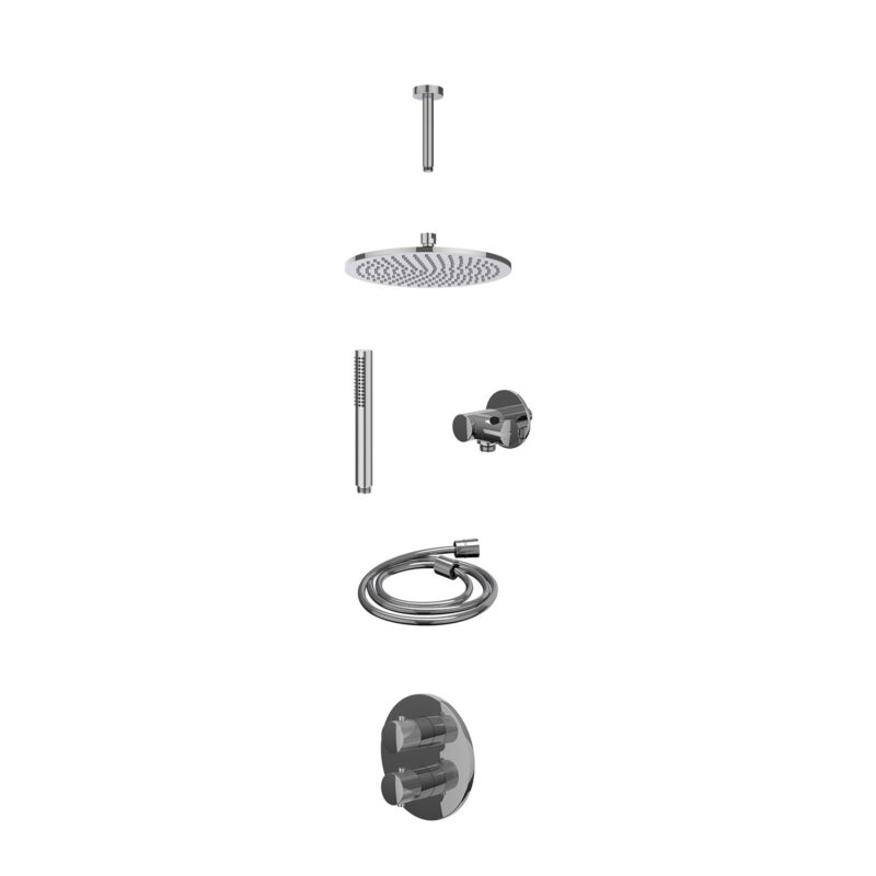 Excl. inbouwbox regendoucheset inbouwthermostaatkraan met 2-weg stop-omstel, plafondbuis 15cm, R25cmME, verstelbare steun met geïnt. uitlaat, doucheslang 150cm en staafmodel