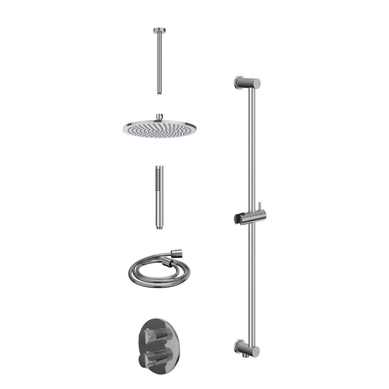 Excl. inbouwbox regendoucheset inbouwthermostaatkraan met 2-weg stop-omstel, plafondbuis 30cm, R25cmME, glijstang met uitlaat, doucheslang 150cm en staafmodel