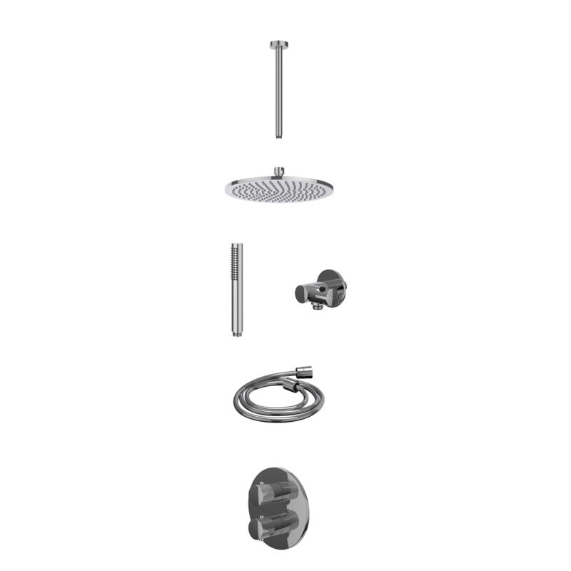 Excl. inbouwbox regendoucheset inbouwthermostaatkraan met 2-weg stop-omstel, plafondbuis 30cm, R25cmME, verstelbare steun met geïnt. uitlaat, doucheslang 150cm en staafmodel