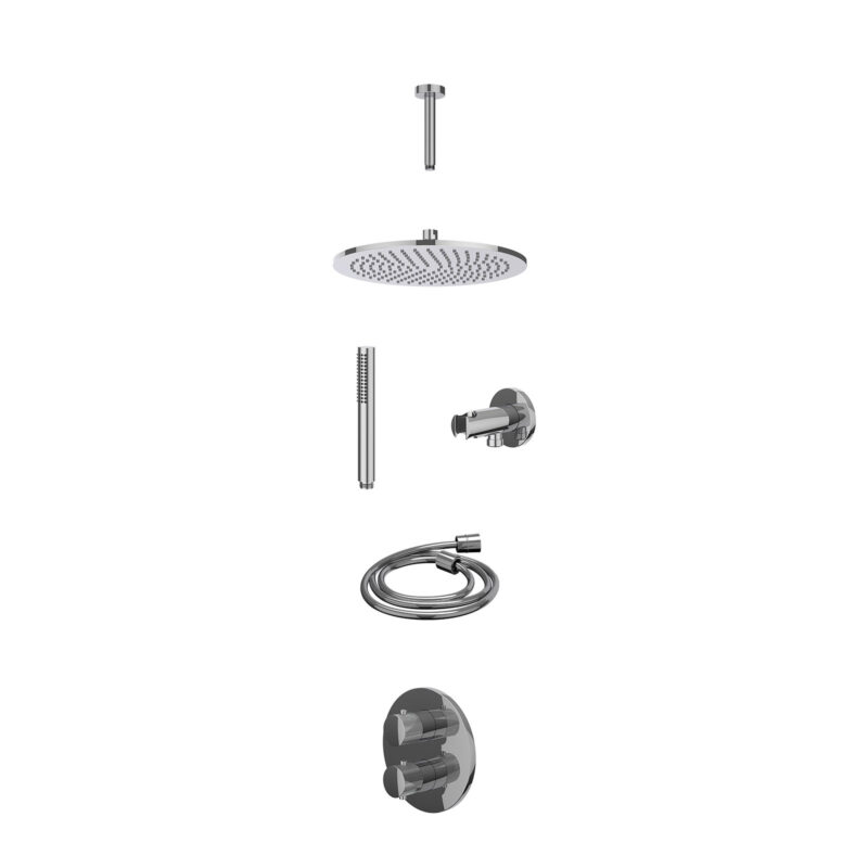 Excl. inbouwbox regendoucheset inbouwthermostaatkraan met 2-weg stop-omstel, plafondbuis 15cm, R30cmME, houder met uitlaat, doucheslang 150cm en staafmodel