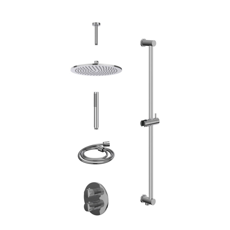 Excl. inbouwbox regendoucheset inbouwthermostaatkraan met 2-weg stop-omstel, plafondbuis 15cm, R30cmME, glijstang met uitlaat, doucheslang 150cm en staafmodel