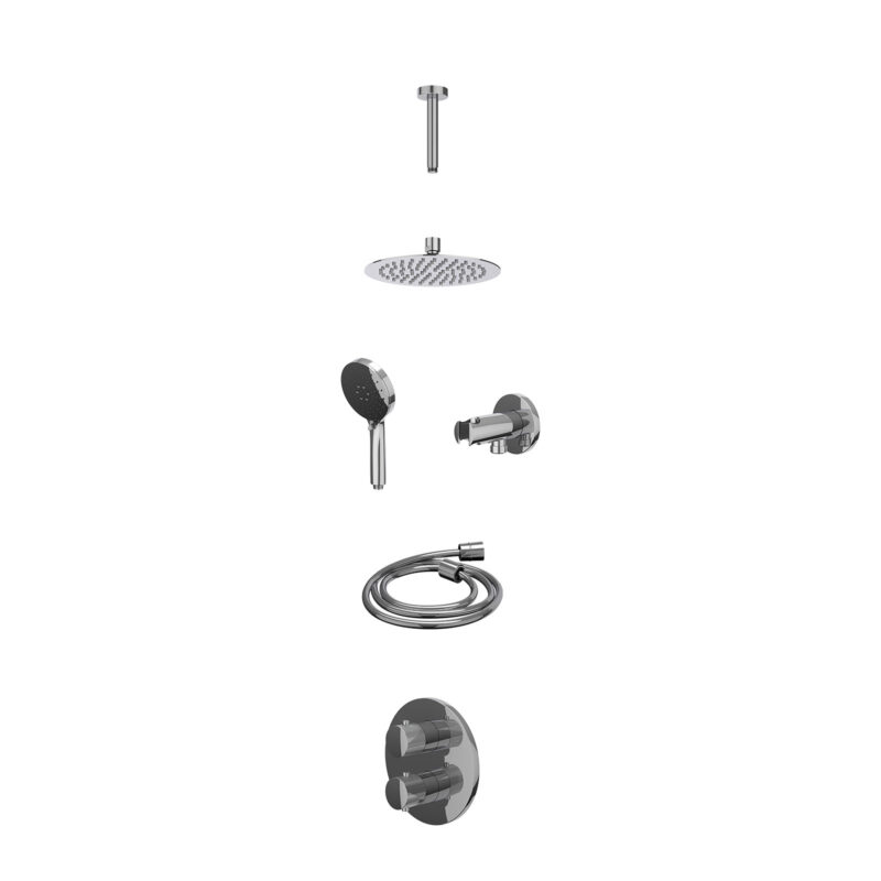 Excl. inbouwbox regendoucheset inbouwthermostaatkraan met 2-weg stop-omstel, plafondbuis 15cm, R20cmSL, houder met uitlaat, doucheslang 150cm en 3-standen handdouche