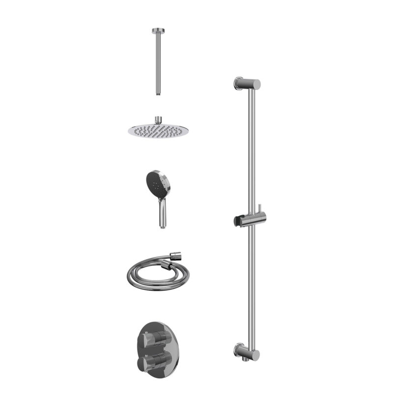 Excl. inbouwbox regendoucheset inbouwthermostaatkraan met 2-weg stop-omstel, plafondbuis 30cm, R20cmSL, glijstang met uitlaat, doucheslang 150cm en 3-standen handdouche