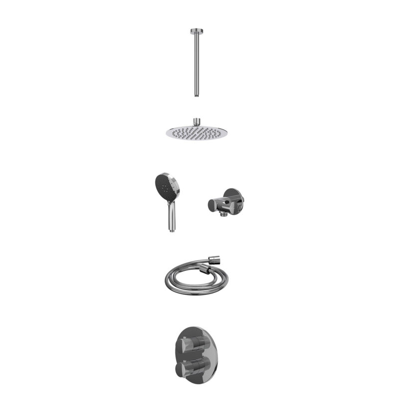 Excl. inbouwbox regendoucheset inbouwthermostaatkraan met 2-weg stop-omstel, plafondbuis 30cm, R20cmSL, verstelbare steun met geïnt. uitlaat, doucheslang 150cm en 3-standen handdouche