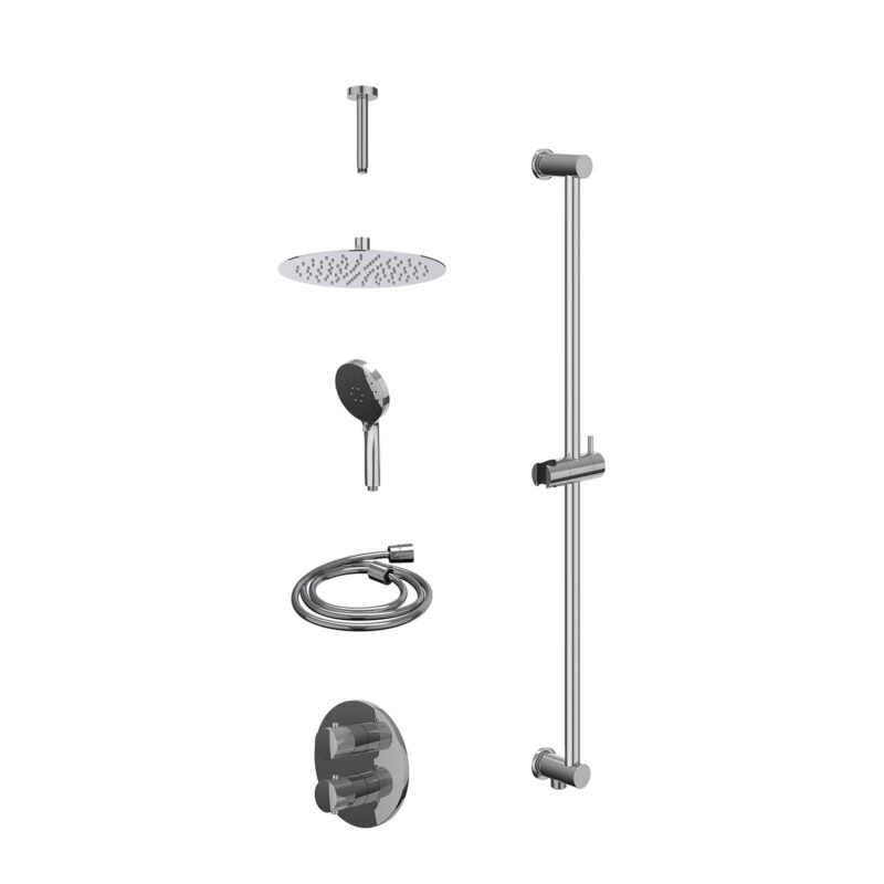 Excl. inbouwbox regendoucheset inbouwthermostaatkraan met 2-weg stop-omstel, plafondbuis 15cm, R25cmSL, glijstang met uitlaat, doucheslang 150cm en 3-standen handdouche